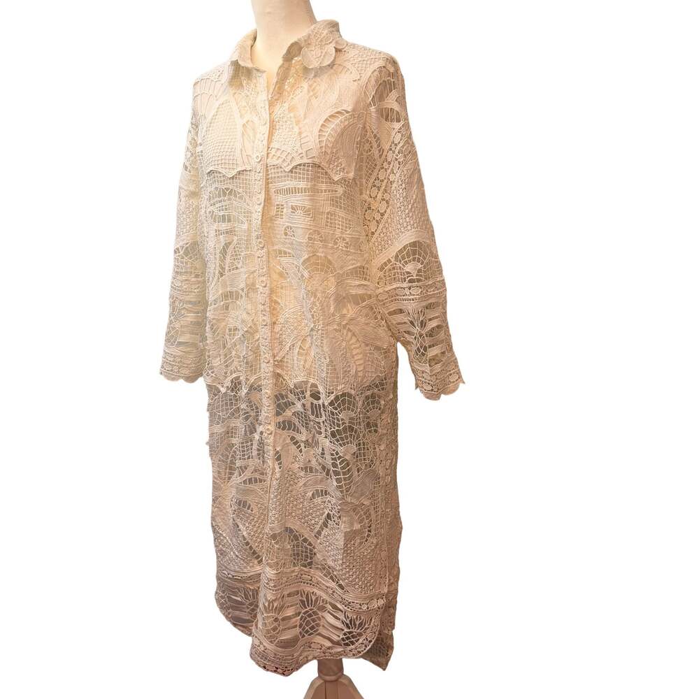 Farm Rio Boho Crochet Lace Sheer Mesh Swan Lake Guipure Dress - L - Pre-Owned